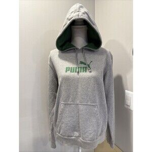 Puma Gray Hoodie Green Logo Women’s XL Kangaroo Pocket Sweatshirt